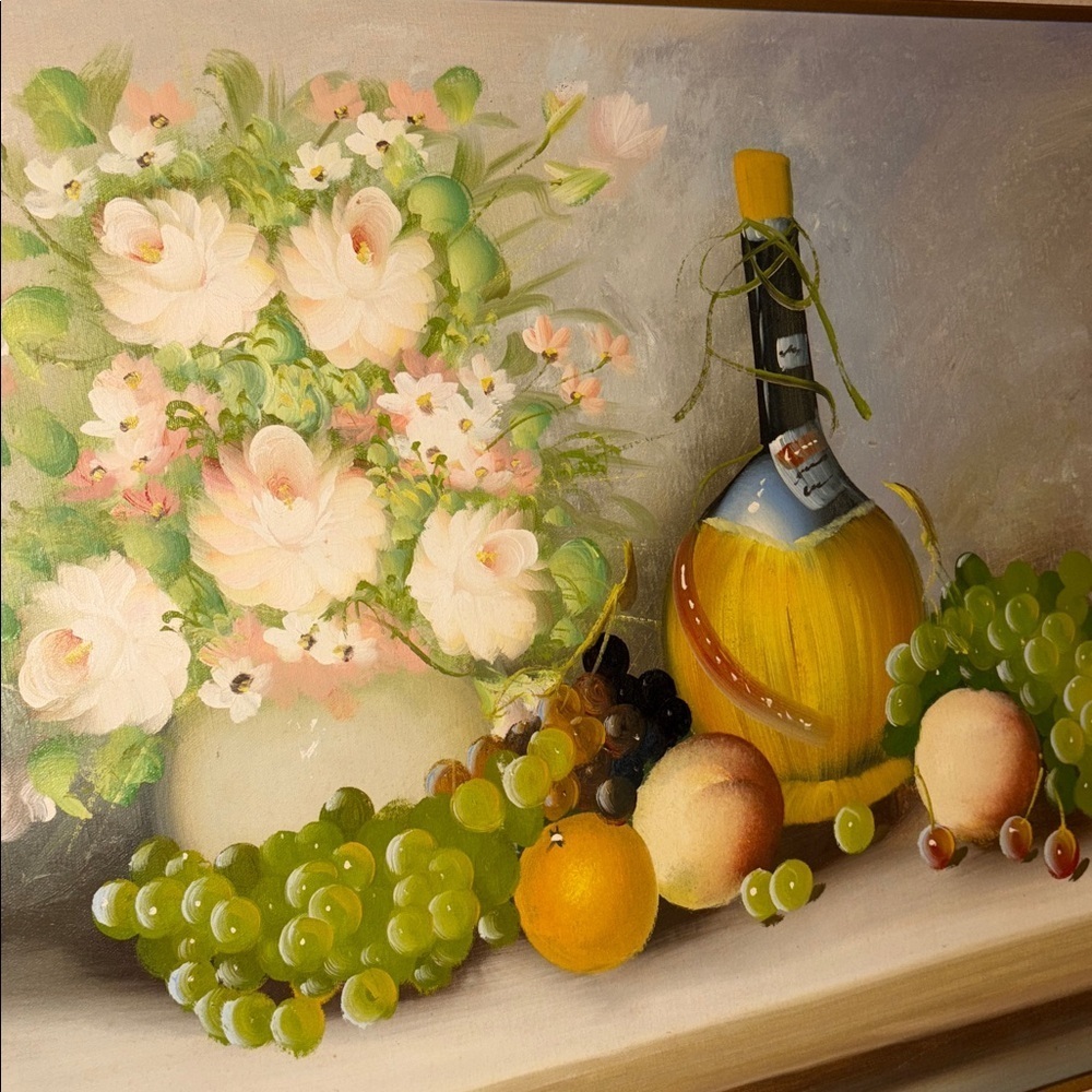 Vintage Floral Wine & Fruit Still Life Painting Gold Wood Frame Original Art - Picture 5 of 17